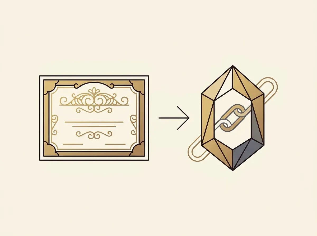 An illustration showing the conversion of a traditional stock certificate into a digital token.