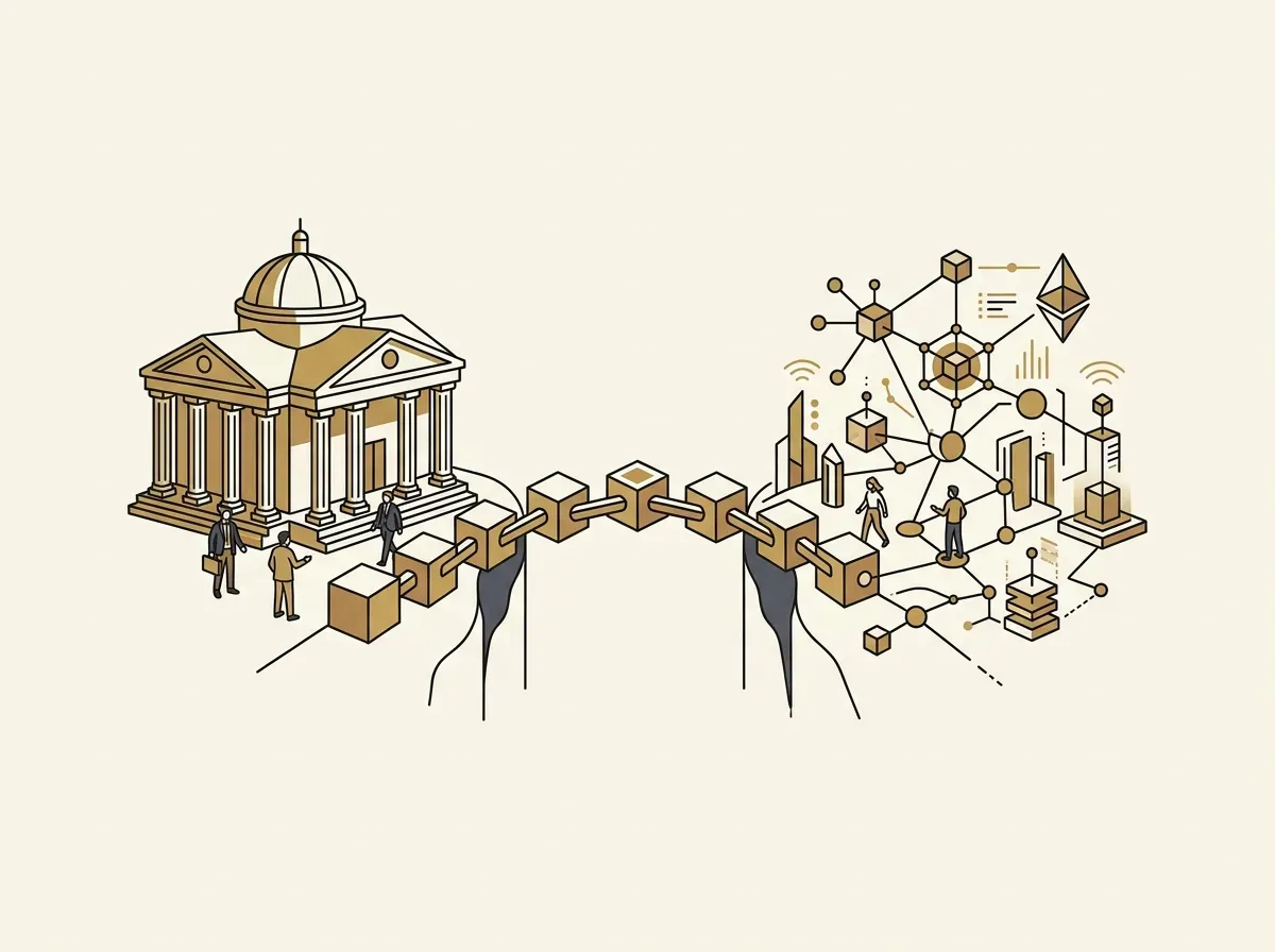 A bridge made of blockchain blocks connecting a traditional bank building to a decentralized digital network.