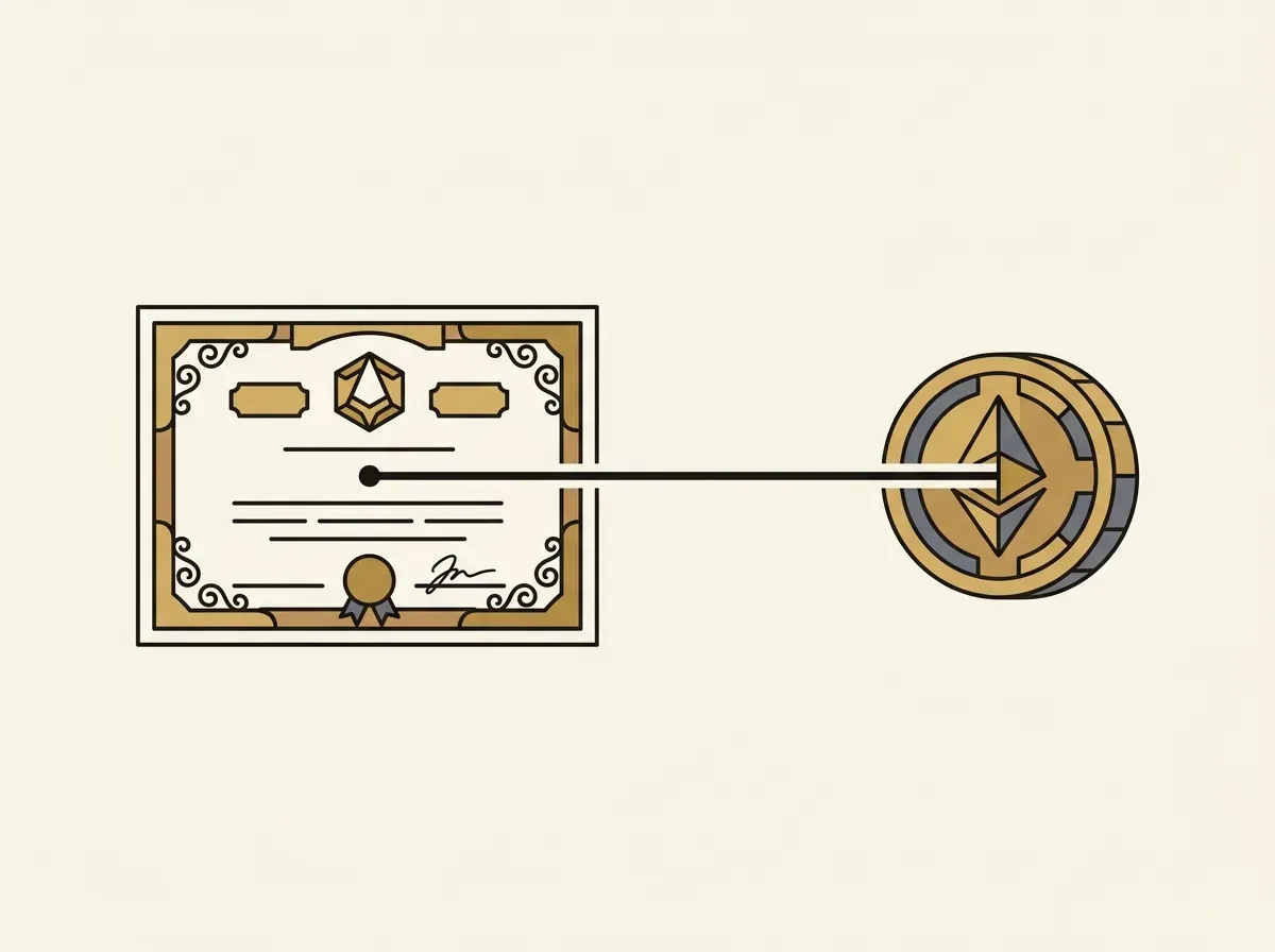 An illustration showing a direct link between a stock certificate and a digital token, representing a tokenized stock.