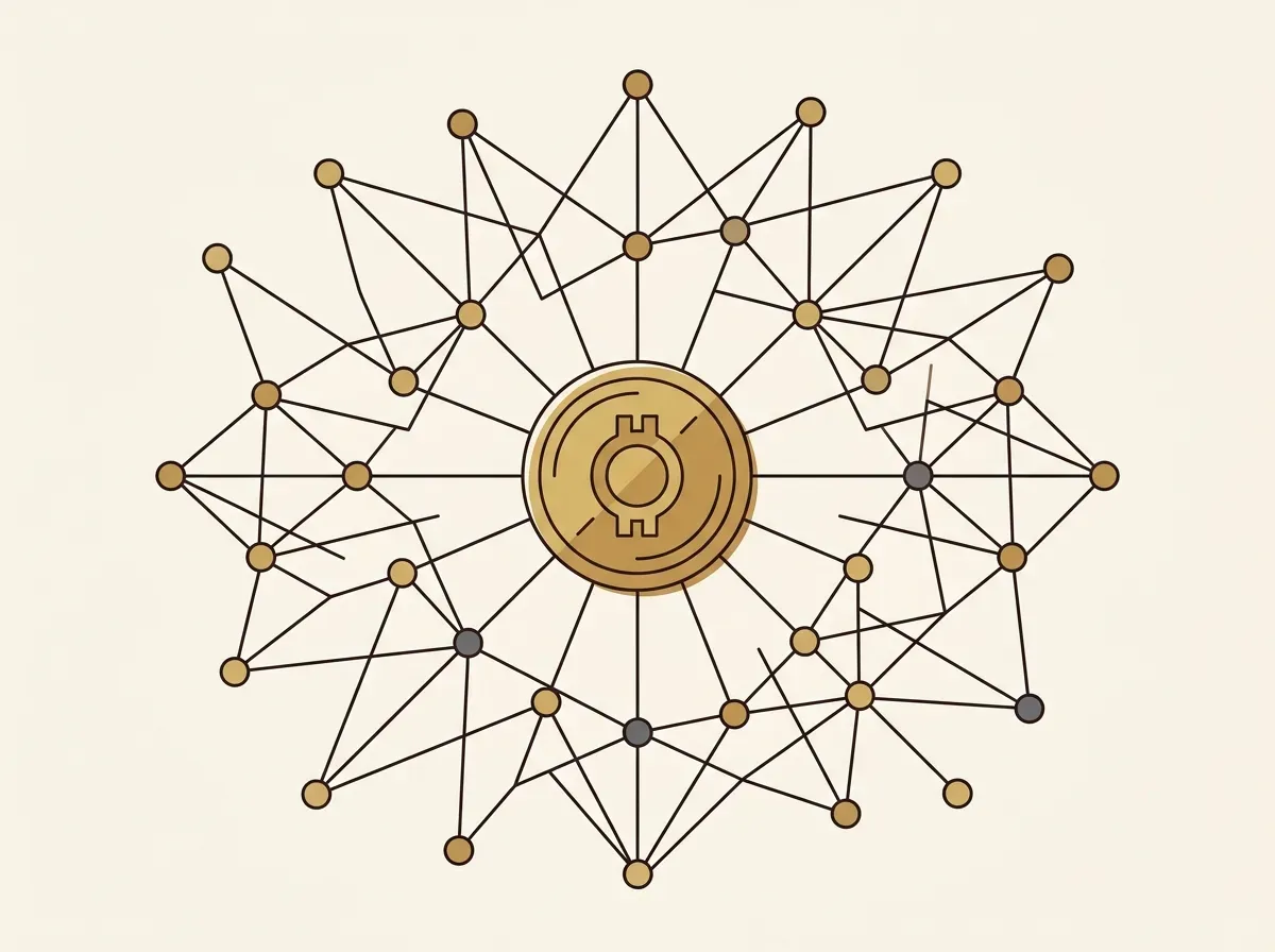 An illustration of a central digital coin connected to a decentralized network of other coins, representing a cryptocurrency.