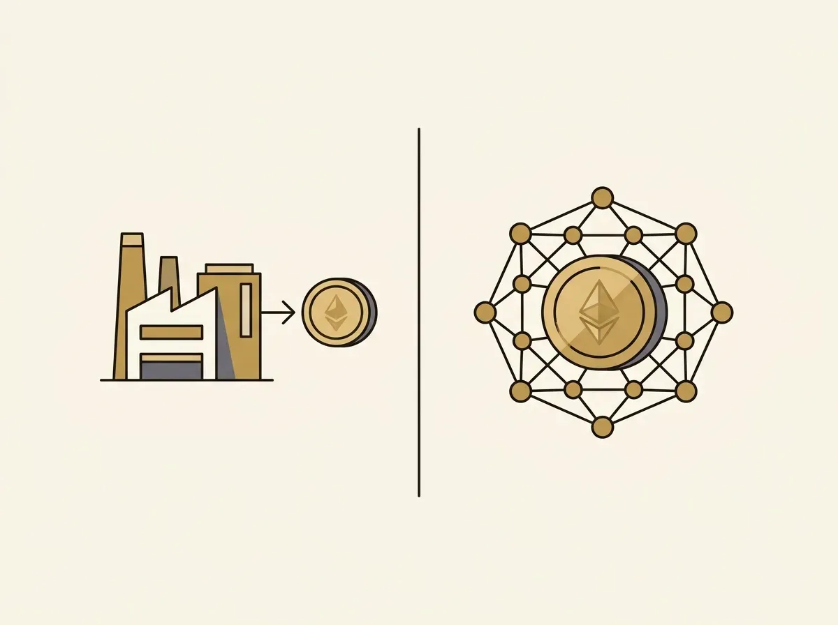 A split illustration comparing a tokenized stock linked to a factory and a cryptocurrency existing within its own digital network.