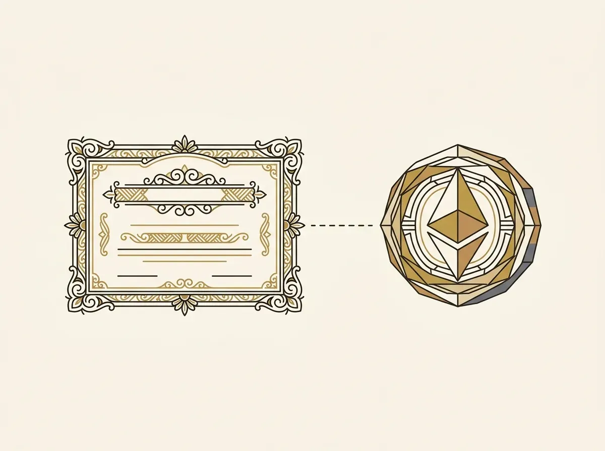 An illustration showing a physical stock certificate linked directly to a digital token, representing a tokenized stock.