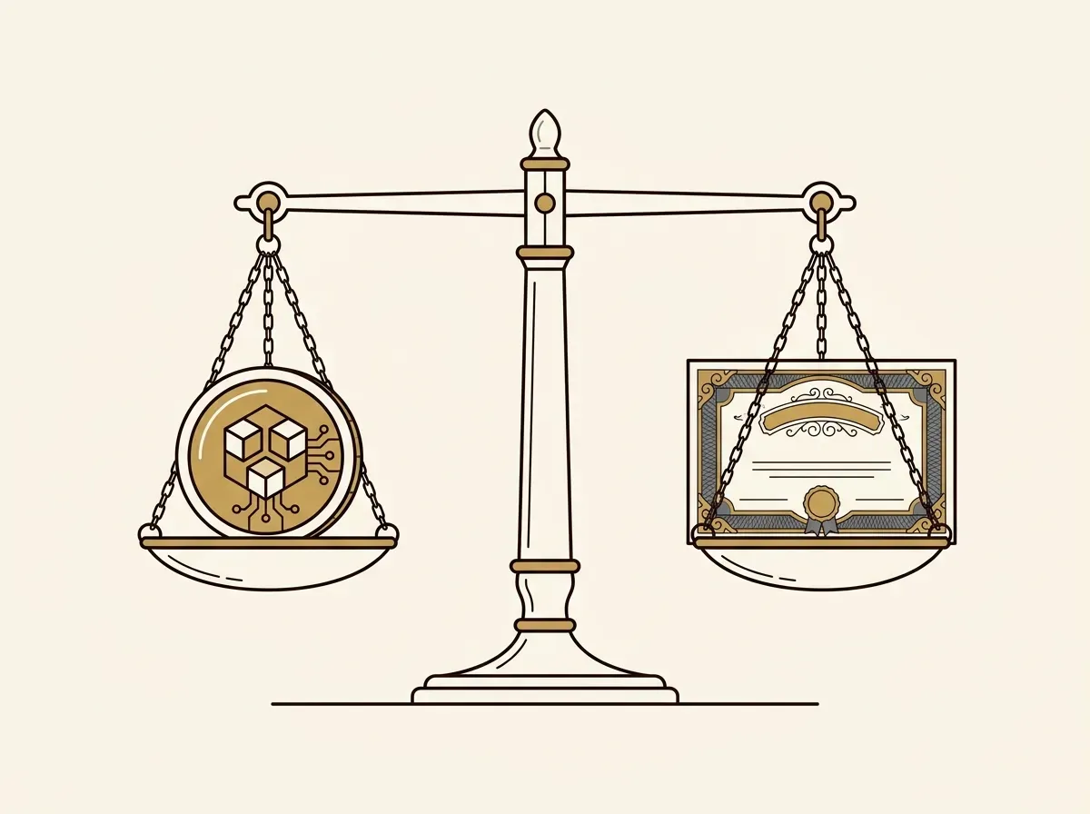 A balanced scale holds a digital token on one side and a physical stock certificate on the other, representing 1:1 backing.