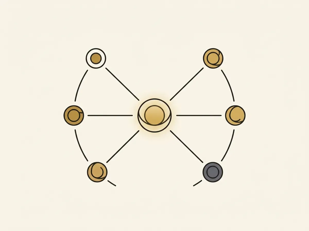 An illustration of multiple lines from smaller orbs converging on a central point, representing a request-for-quote mechanism.
