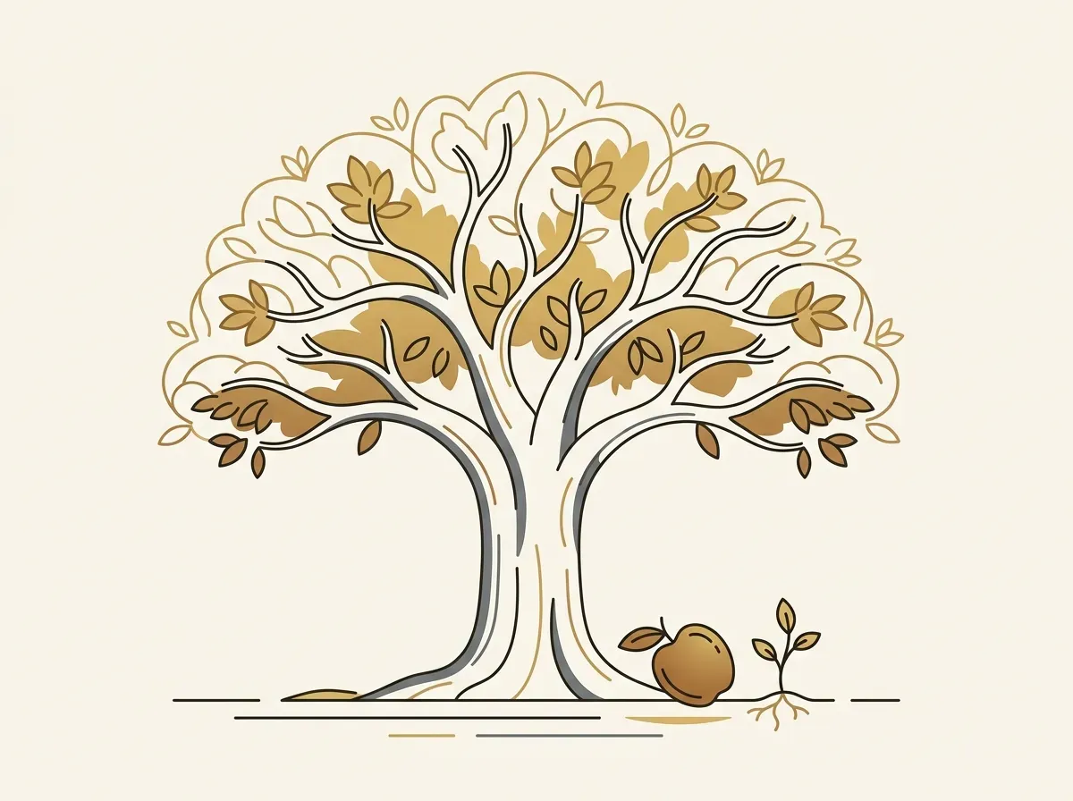 A tree with a fallen fruit that has sprouted a new sapling, representing dividends being reinvested to create growth.