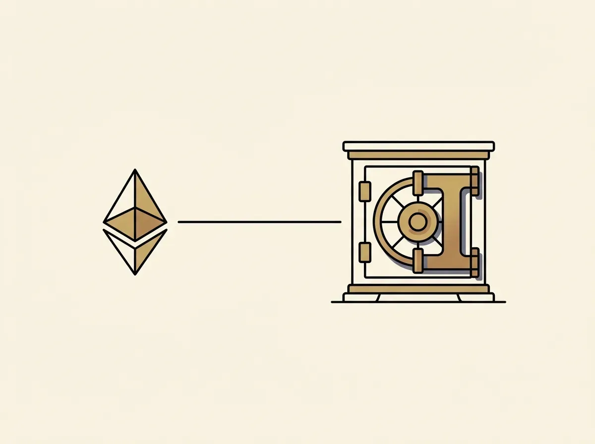 A digital token is connected by a line to a secure vault, illustrating how a tokenized stock is backed by a real share.