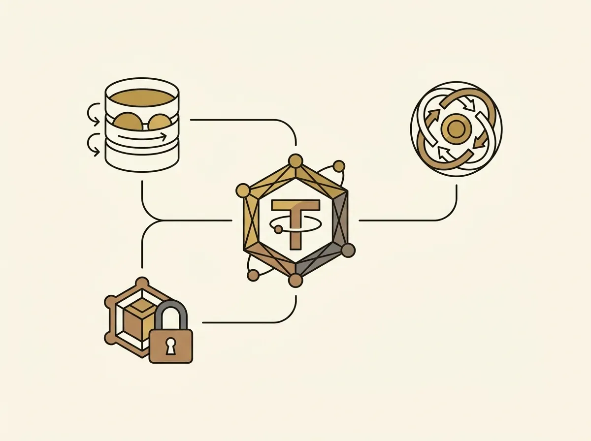 A central token icon connects to various other financial icons, representing the concept of DeFi composability.