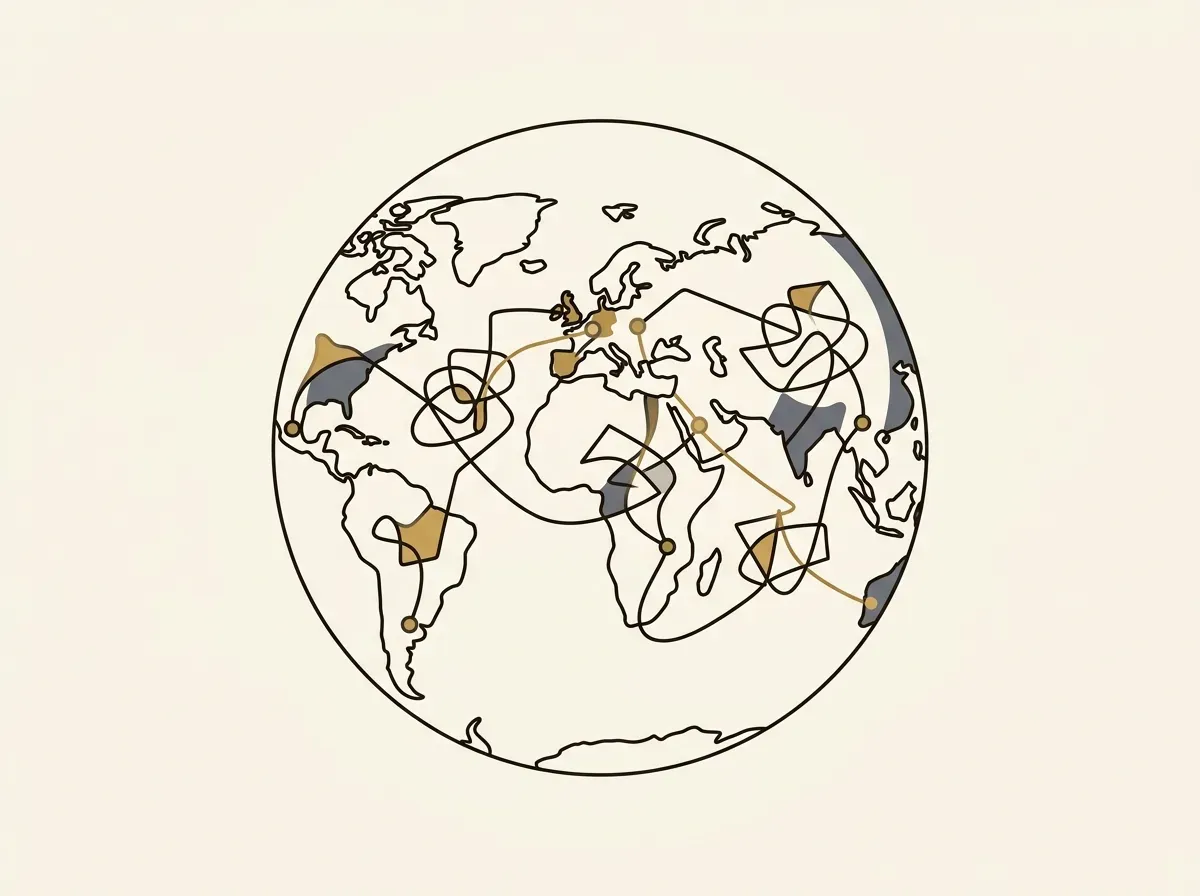 An illustration of a globe with tangled lines connecting countries, symbolizing complex cross-border investing.