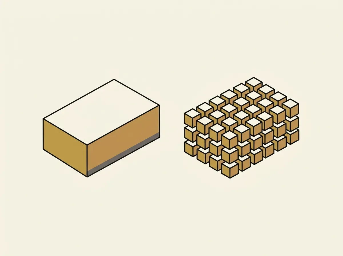 An illustration showing a single large block being divided into many smaller cubes, representing stock fractionalization.