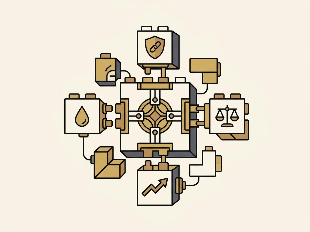 An illustration of interlocking blocks, symbolizing how tokenized assets can connect with various financial applications.