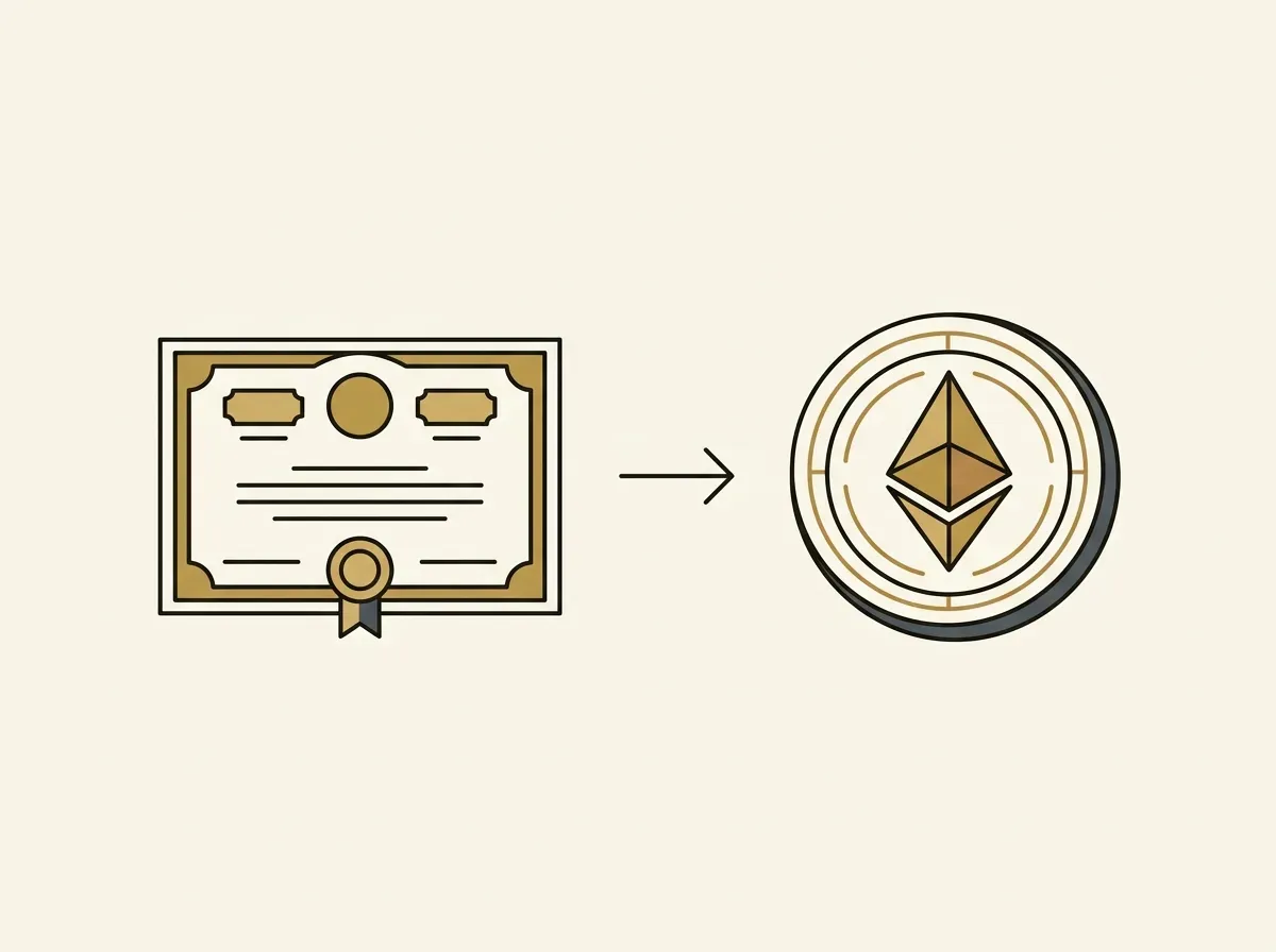 An illustration showing a physical stock certificate being converted into a digital token.