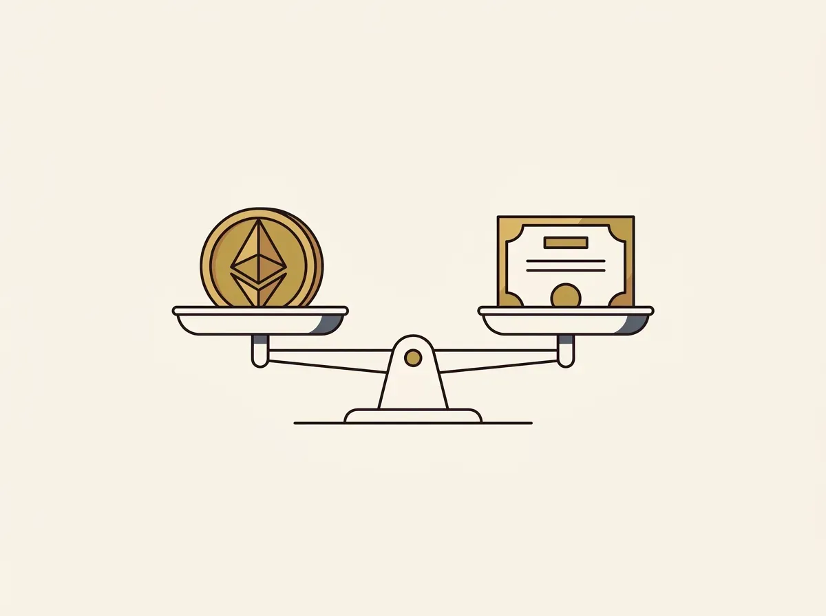 A perfectly balanced scale holds a digital token on one side and a physical stock share on the other, representing 1:1 backing.