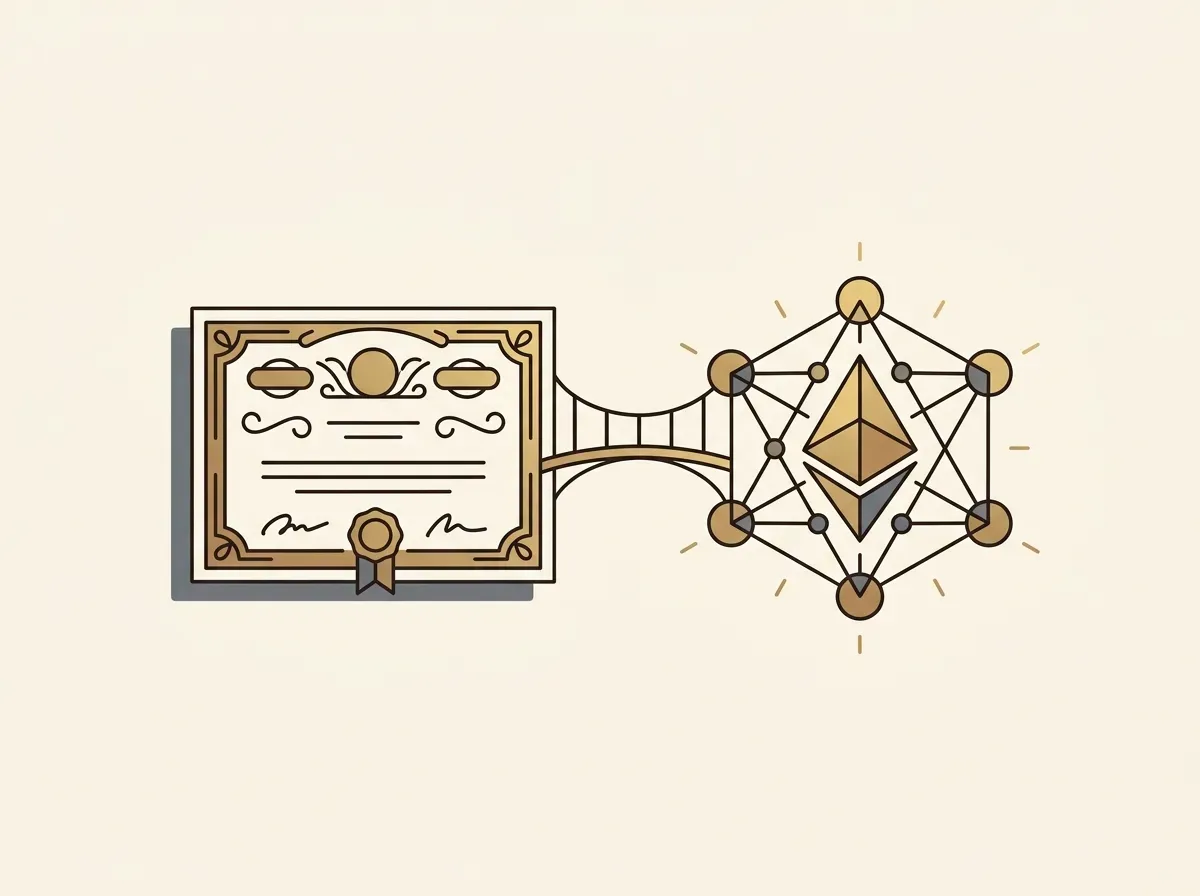 An illustration showing a paper stock certificate being transformed into a digital token on a blockchain.