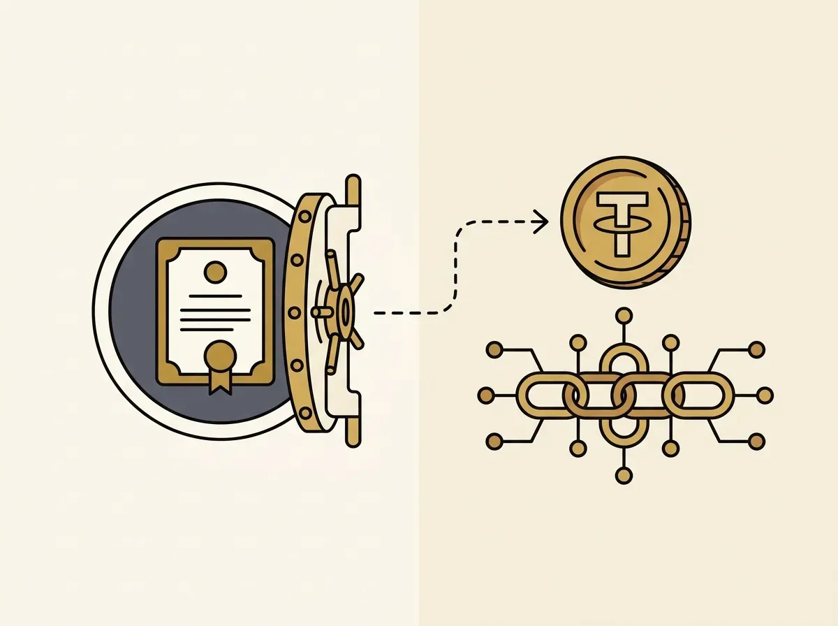 Illustration of a physical share held in a secure vault, linked directly to its corresponding digital token on a blockchain.
