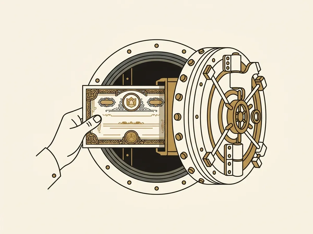 An illustration of a stock certificate being placed into a secure bank vault, representing the custody of real shares.