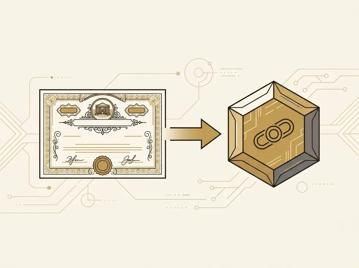 An illustration showing a stock certificate being converted into a corresponding digital token, representing the minting process.