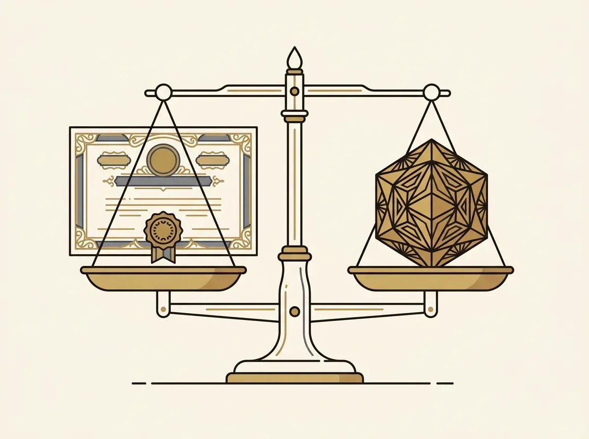 An illustration of a scale perfectly balancing a real stock share on one side and a digital token on the other.