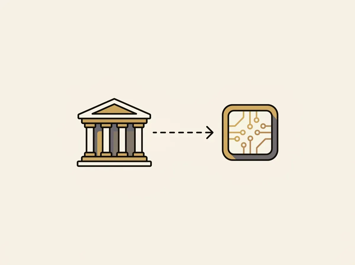 An illustration showing a traditional building connected by an arrow to a digital token, representing a tokenized stock.