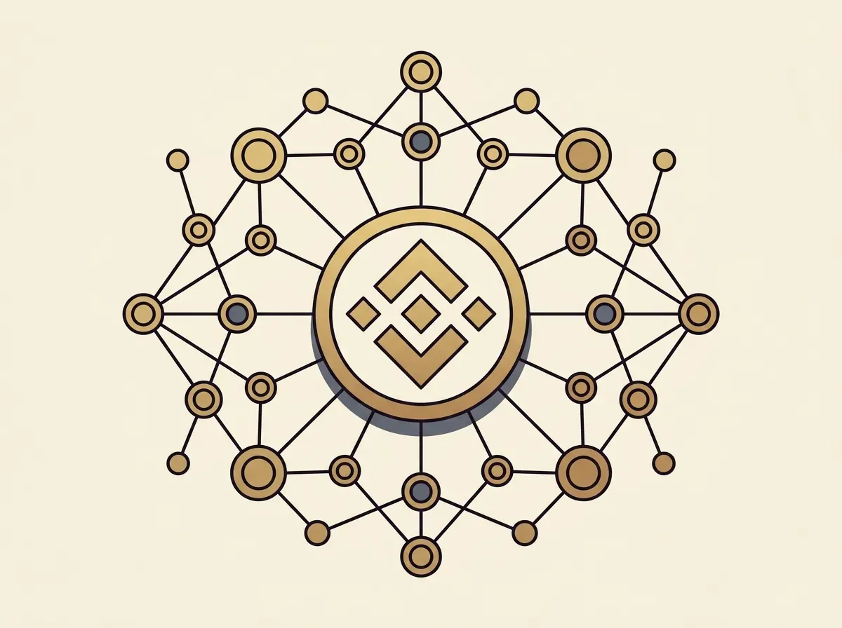 An illustration of a central coin icon connected to a network of smaller nodes, representing a cryptocurrency.