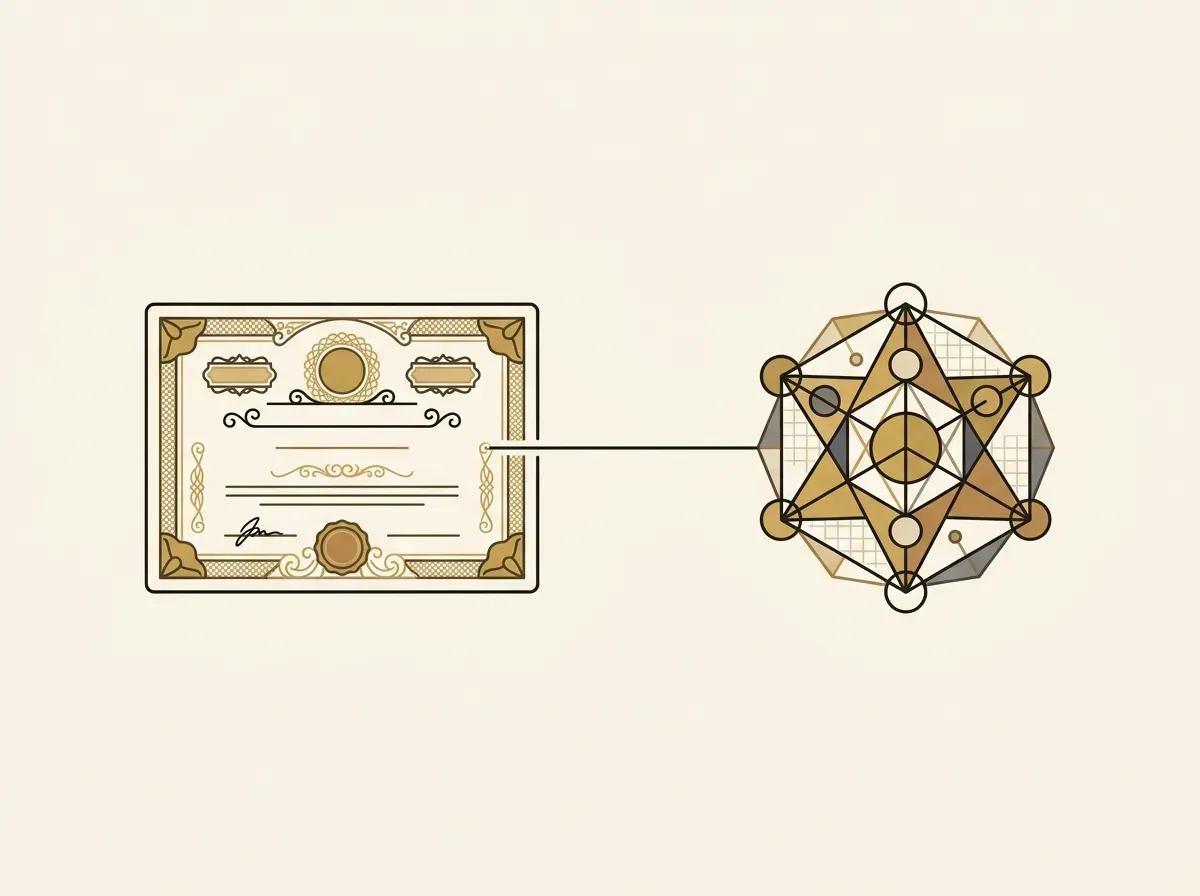 An illustration showing a stock certificate connected directly to a digital token, representing a tokenized stock.
