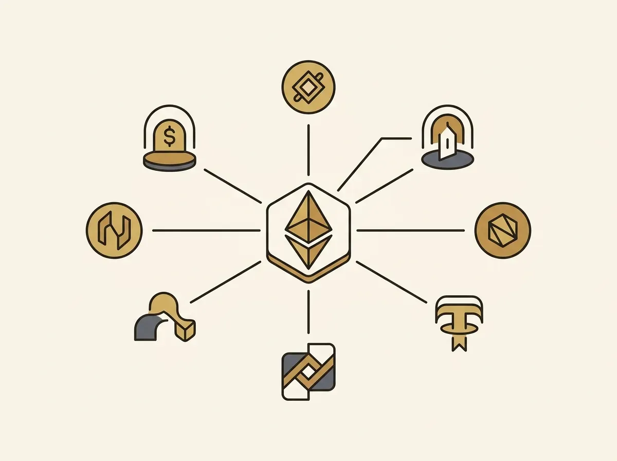 A central token connects to other financial icons, representing on-chain composability with DeFi applications.