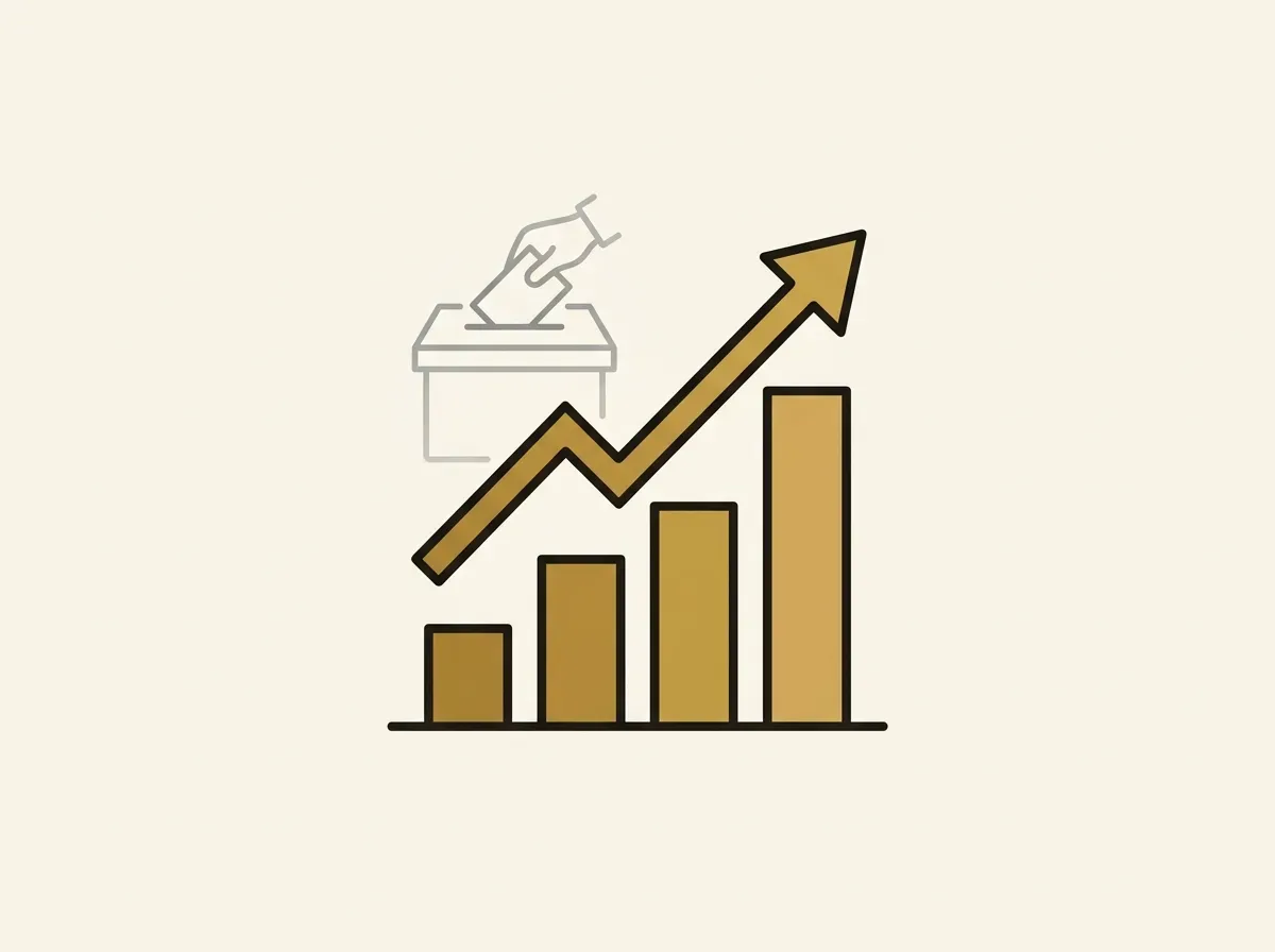 An illustration showing a prominent bar chart with a faded ballot box in the background, symbolizing economic rights without voting rights.