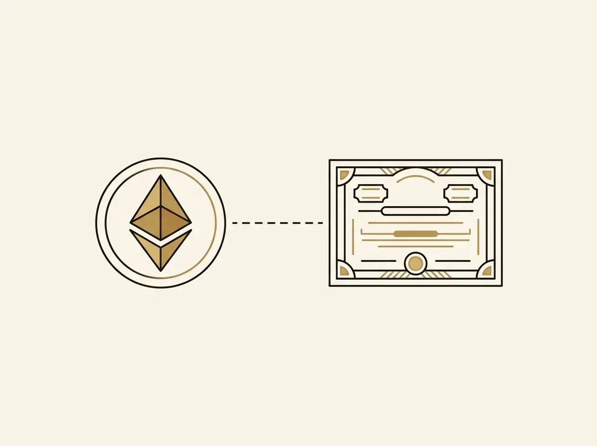 A digital token is connected by a line to a physical share certificate, representing one-to-one backing.