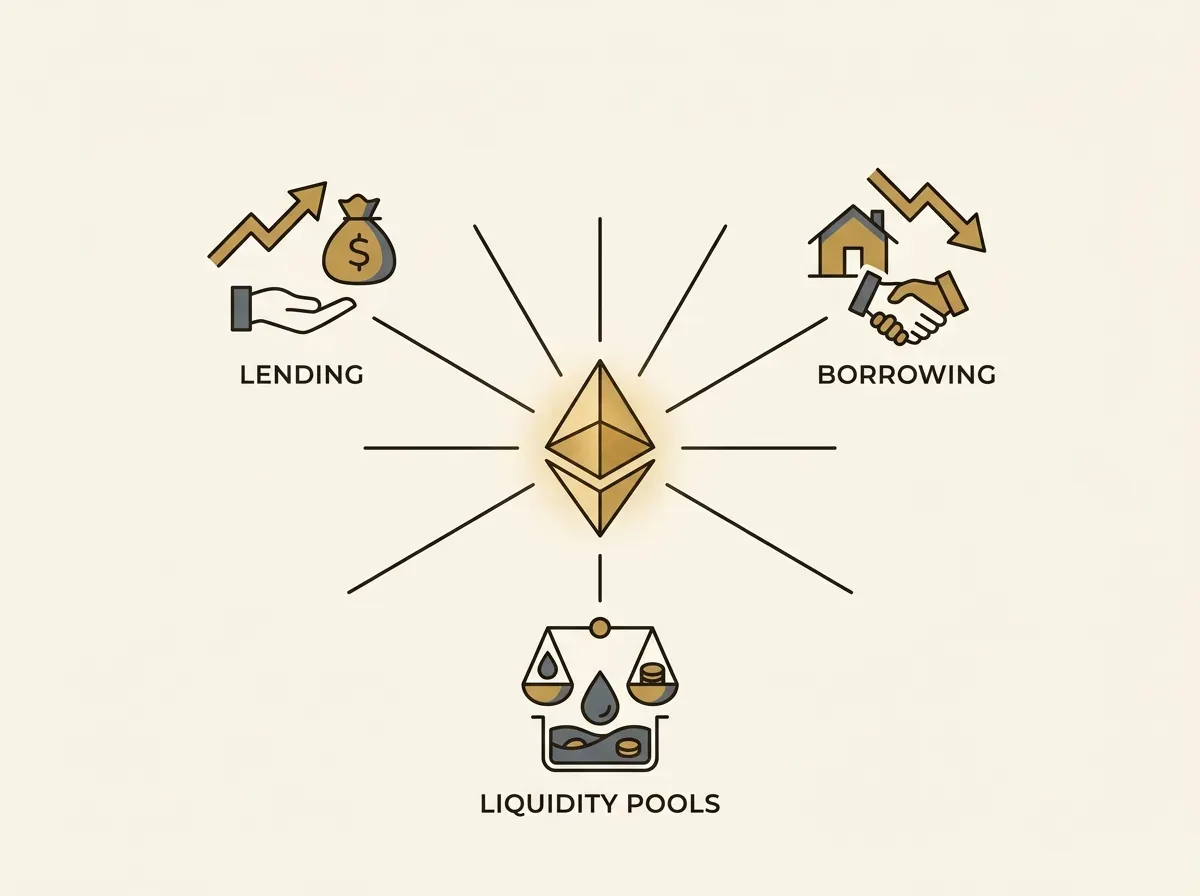 A central token connects to icons for lending, borrowing, and liquidity, showing DeFi composability.
