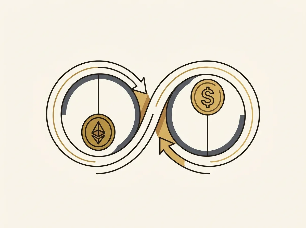 An infinite loop of arrows connects a market with a low-priced token to a market with a high-priced share, illustrating arbitrage.