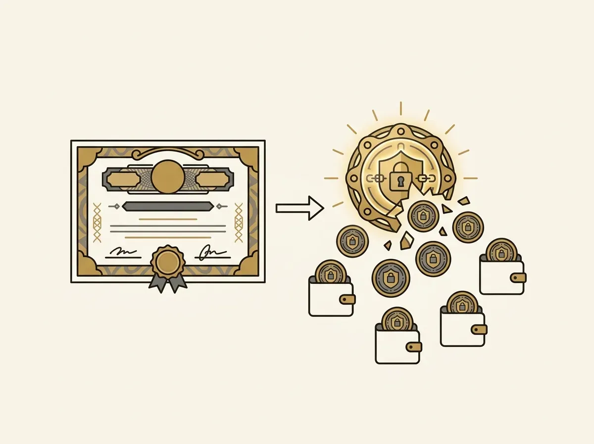 An illustration showing a physical share being converted into a divisible digital token held in multiple user wallets.