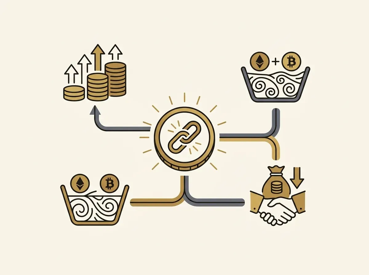 An illustration of a tokenized asset connecting to various decentralized finance applications like lending and liquidity pools.