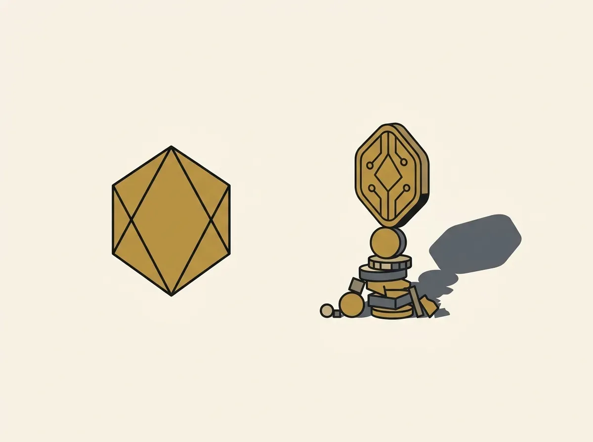 An abstract token mimics a stock shape, balanced on a shaky pile of coins, representing a synthetic asset.