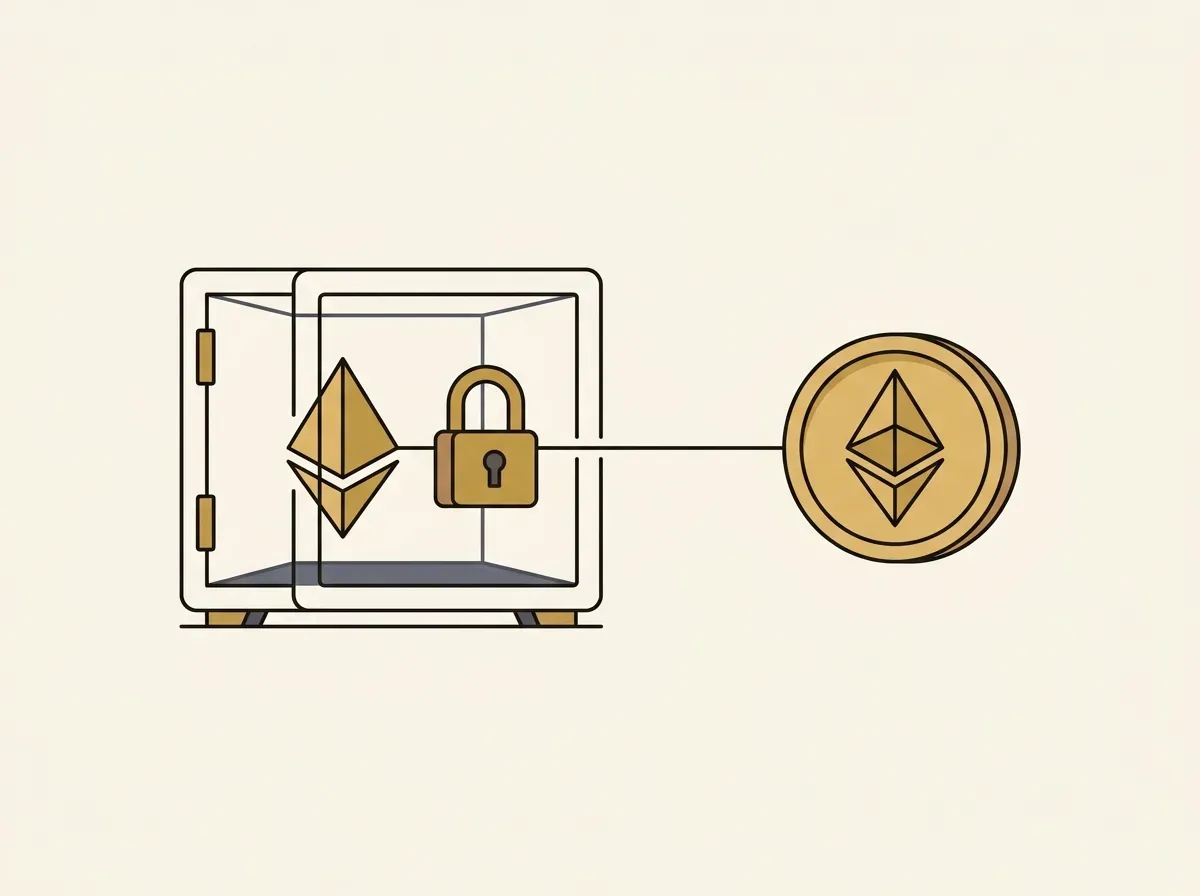 A stock icon inside a safe is directly linked by a solid line to a token icon, representing a fully-backed asset.