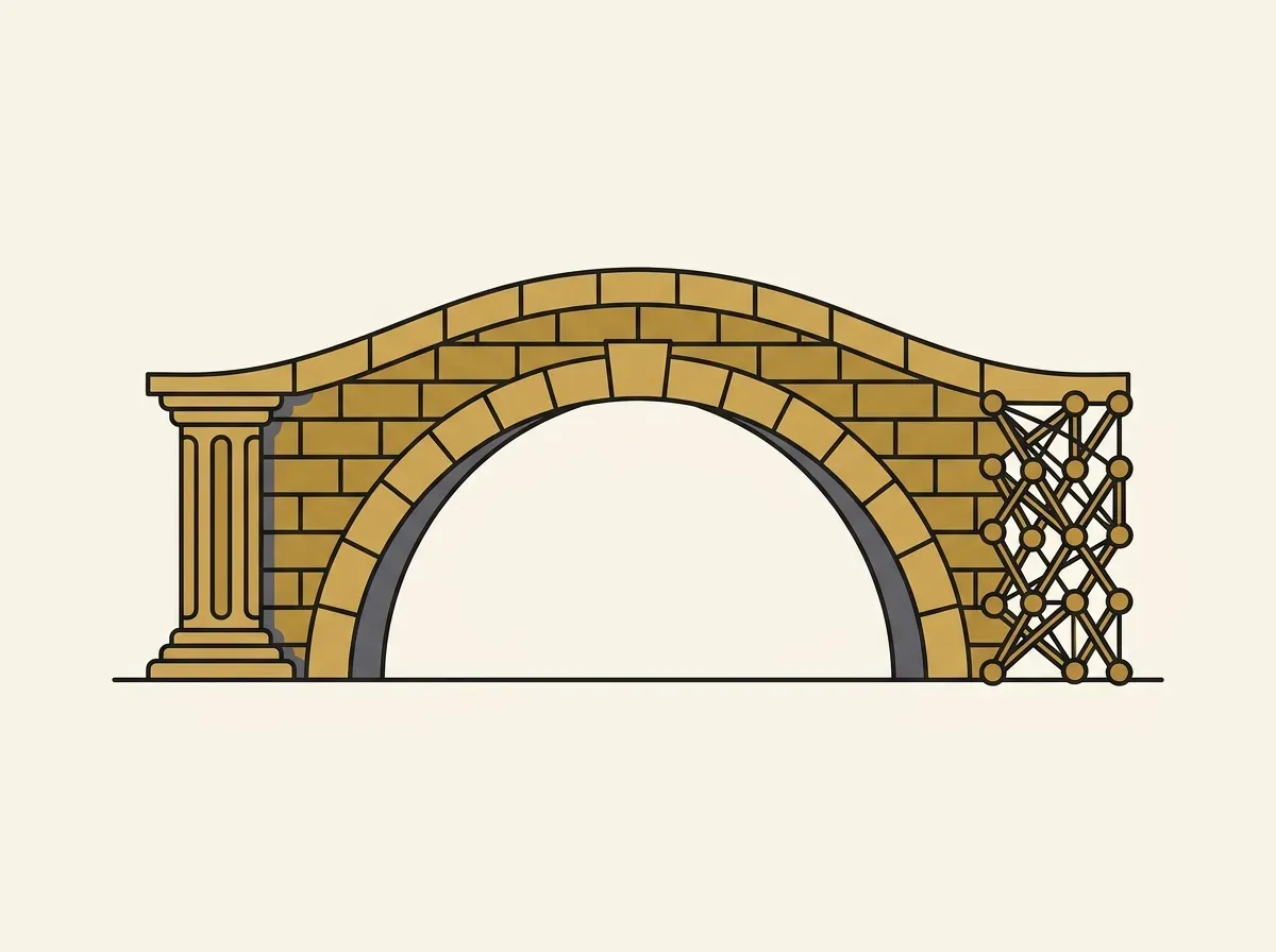 A solid bridge made of interlocking blocks connects a classical pillar to a digital network, symbolizing trust.