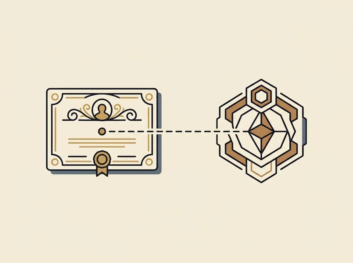 An illustration showing a stock certificate directly linked to a digital token, representing tokenization.