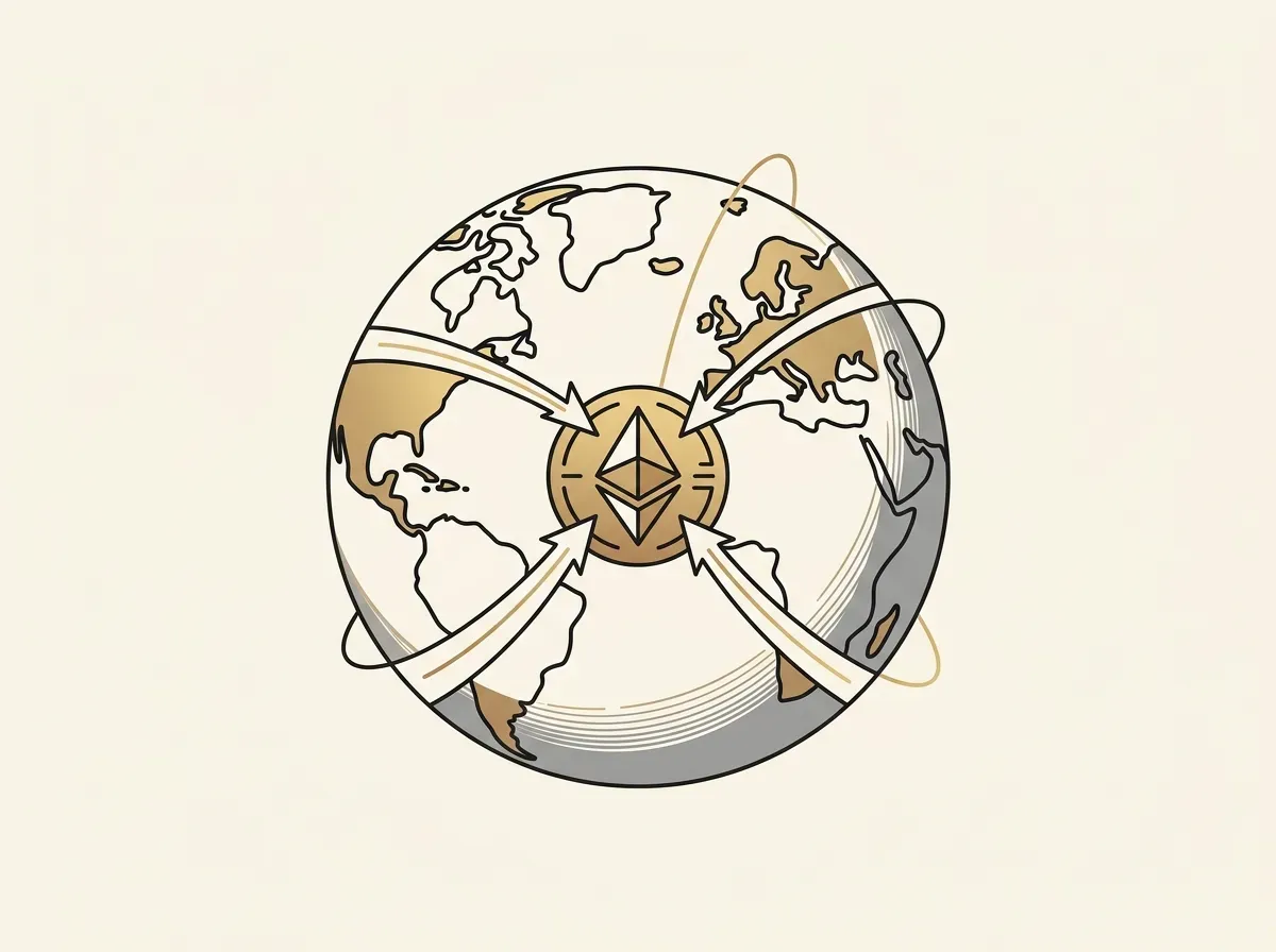 An illustration of a globe with lines converging on a central point, representing global access to financial markets.