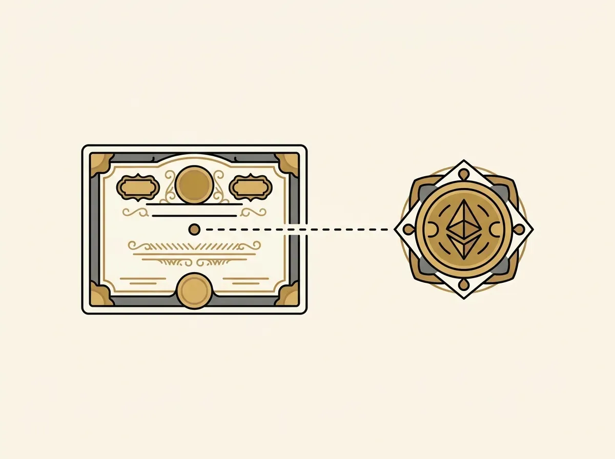 An illustration showing a stock certificate directly linked to a digital token, representing a tokenized stock.