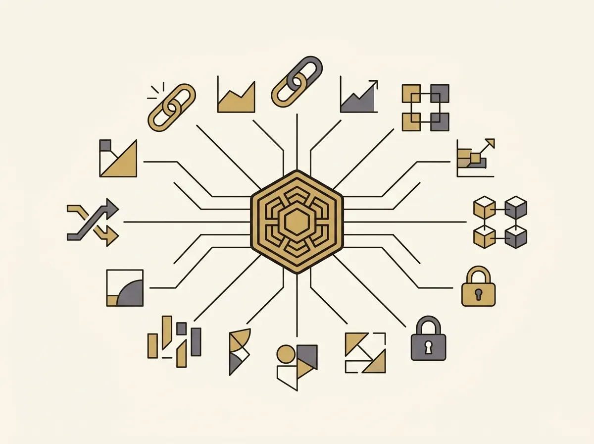 An illustration of a central token connecting to multiple other abstract shapes, representing financial composability.