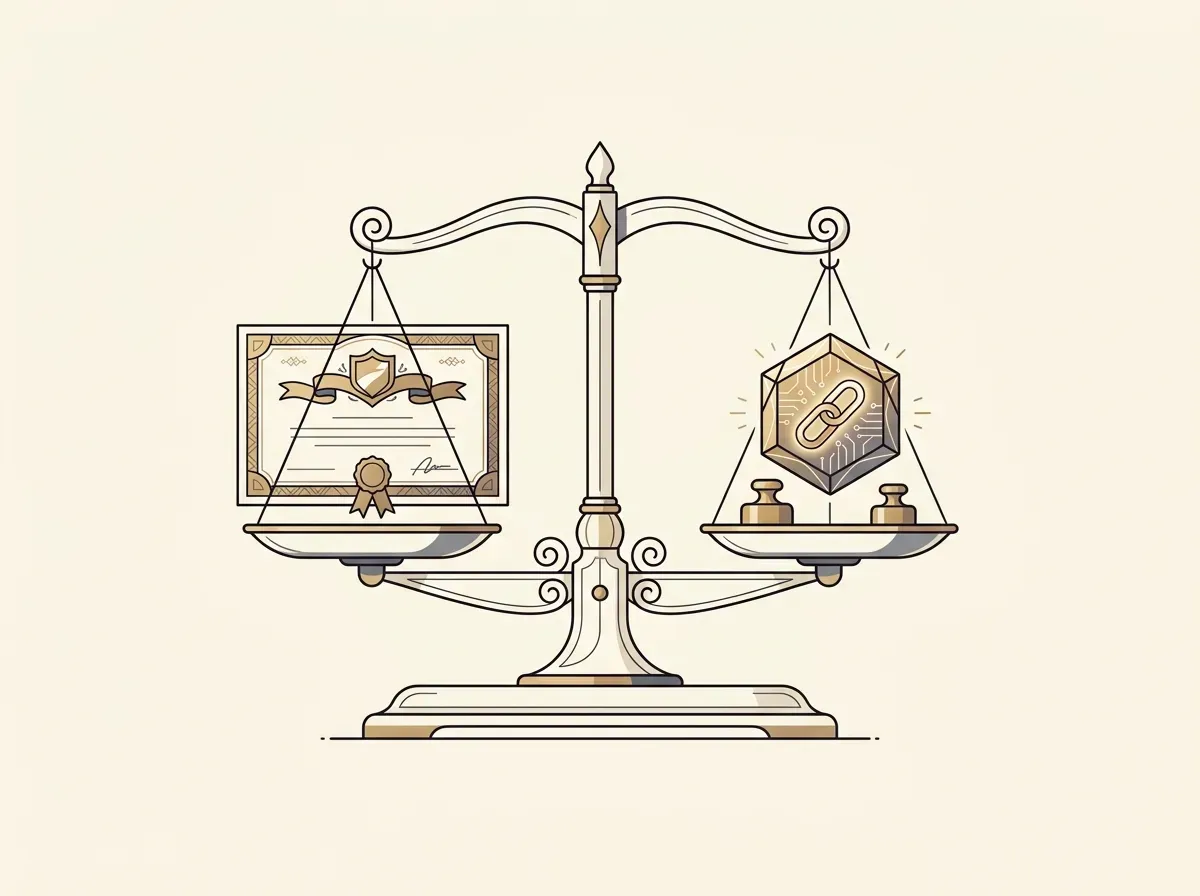 A balanced scale with a stock certificate on one side and a digital token on the other, representing 1-to-1 backing.