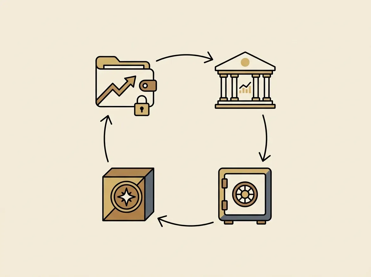 A diagram showing the lifecycle of a tokenized stock: from a wallet to an exchange, to a vault, and back as a token.