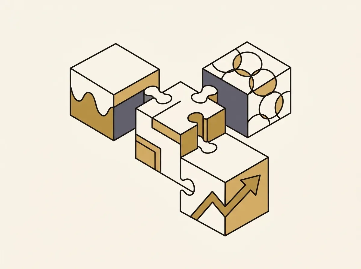 A central block representing a tokenized stock connecting to other blocks for lending, liquidity, and leverage in DeFi.