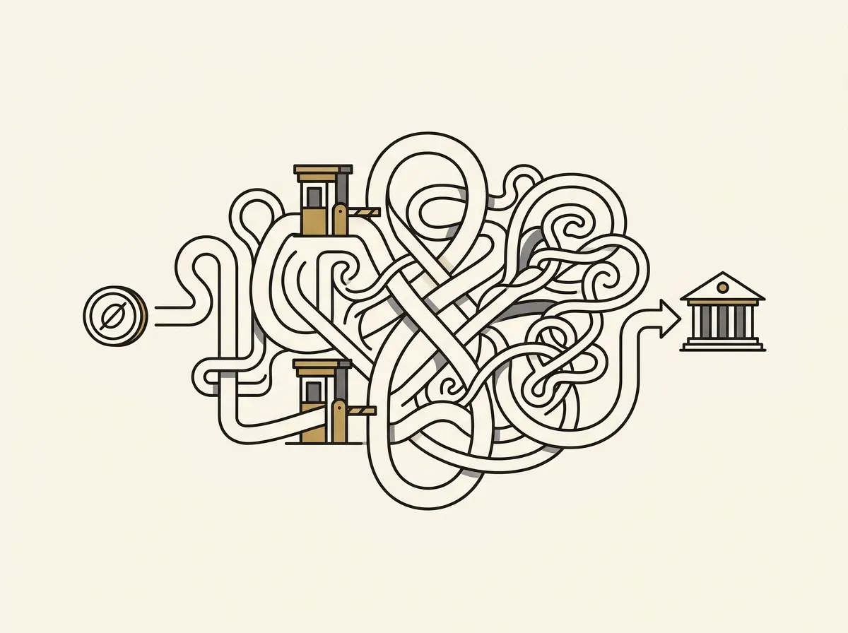 An illustration of a complex, barrier-filled path between a coin and a stock market building, representing traditional investing.