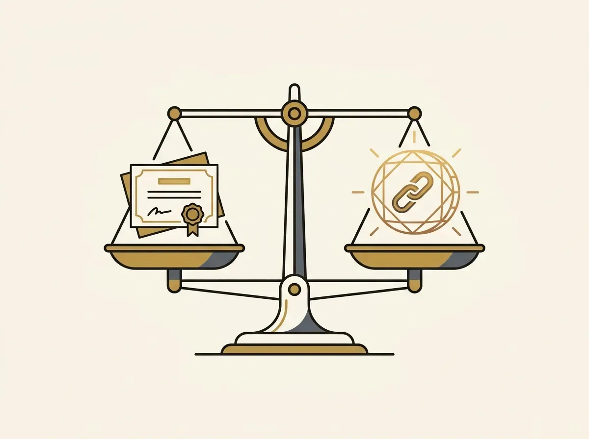 A balance scale perfectly weighing a physical stock share against a digital token, representing 1:1 backing of tokenized assets.