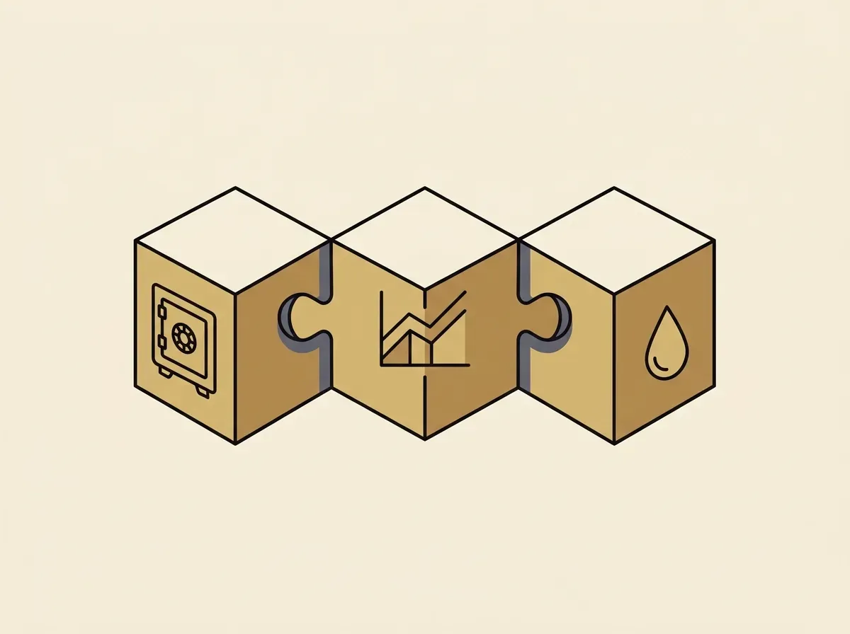 Illustration of interlocking blocks, showing a tokenized stock connecting with DeFi protocols for lending and liquidity.
