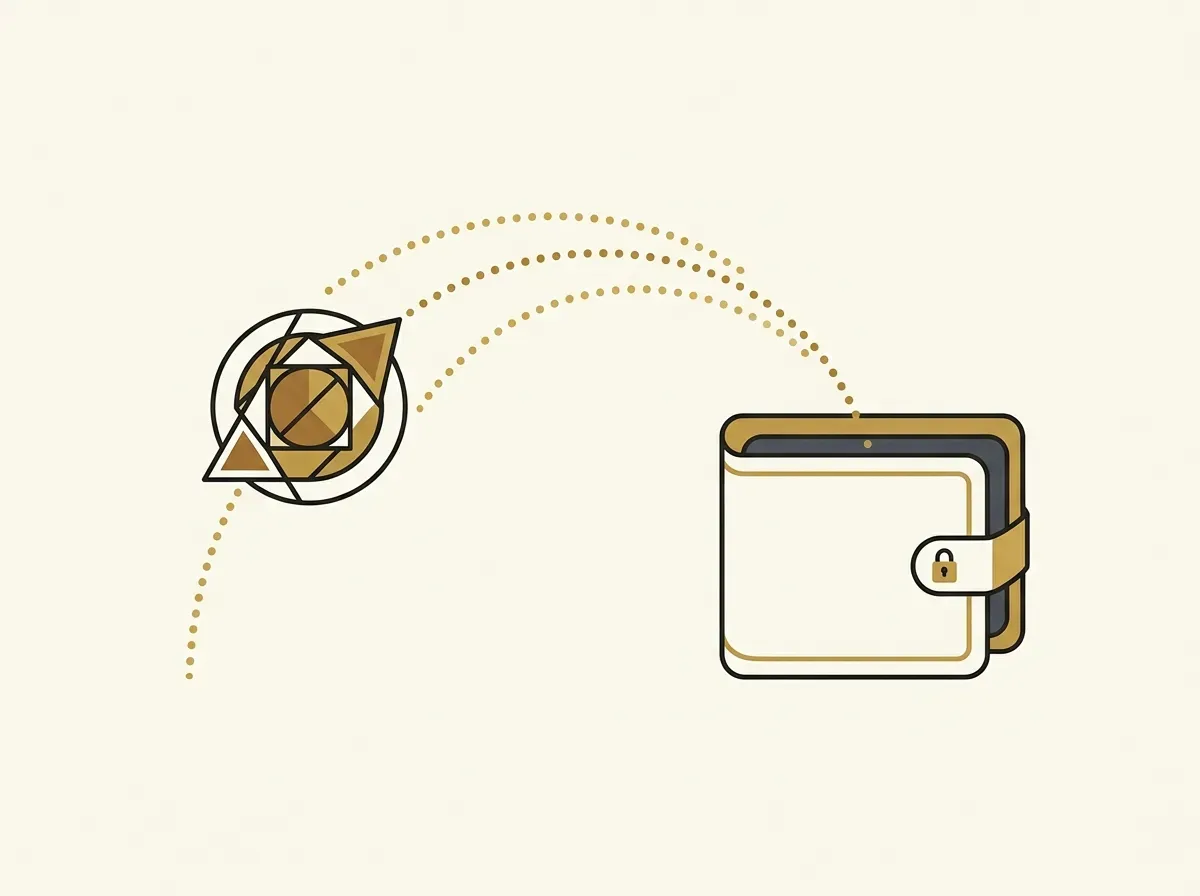 An illustration showing a token representing a stock being sent to a digital wallet.