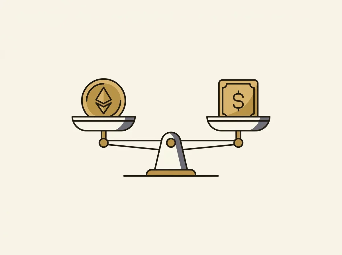 An illustration of a balanced scale with a digital token on one side and a stock share on the other, representing 1:1 backing.