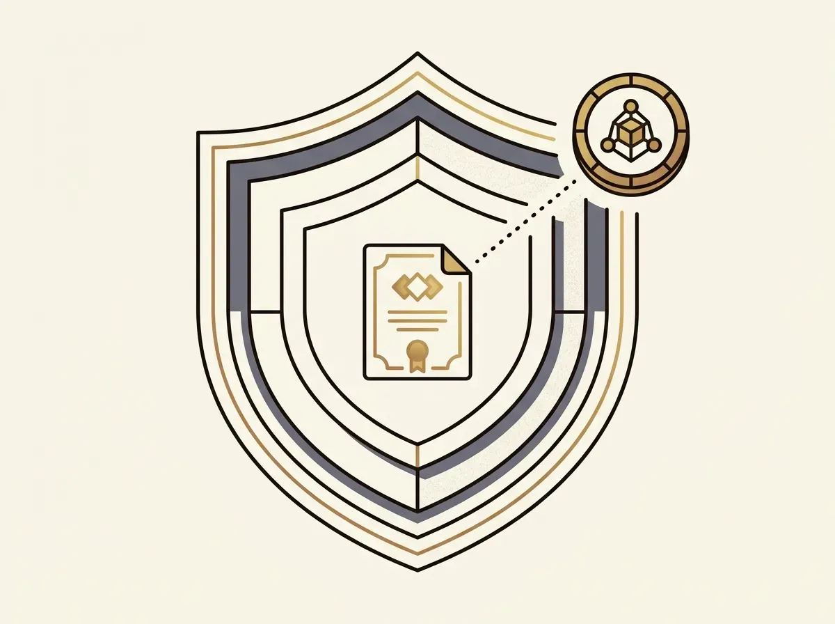 An illustration of a tokenized stock protected by a multi-layered shield and backed 1-to-1 by a real share.