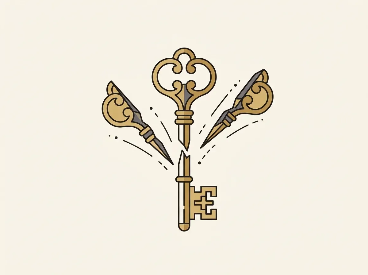 An illustration of a key splitting into three separate pieces, representing how an MPC wallet works.