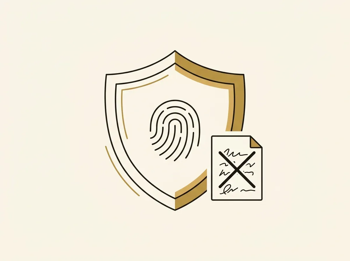 A shield with a fingerprint inside, next to a crossed-out piece of paper, symbolizing modern security over old seed phrases.