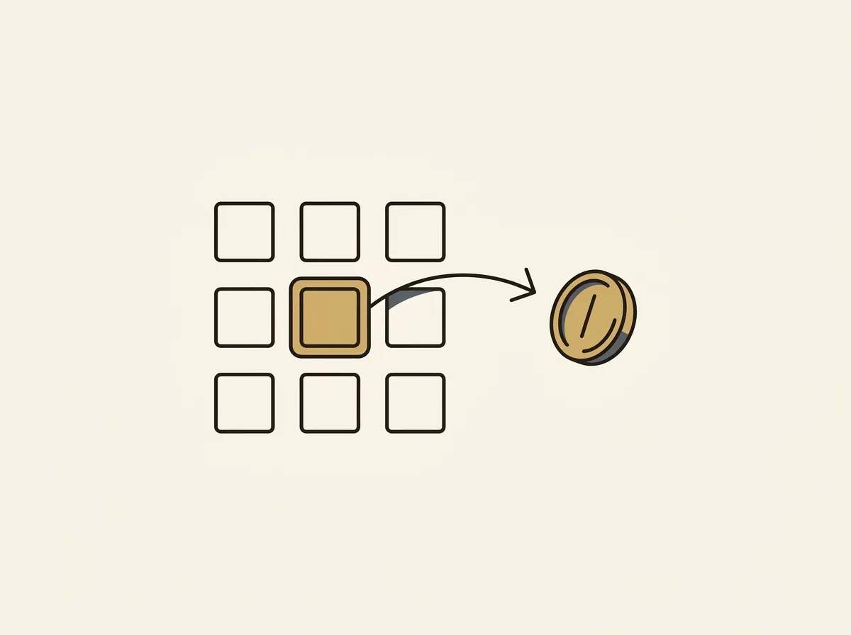An illustration showing an asset being selected from a portfolio and converted into a coin, representing a sale.